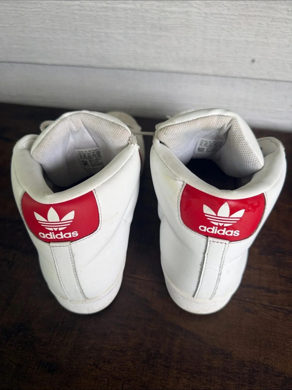 adidas White and Red Mid-Top Sneakers with Shell Toe